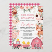ガールファームアニマルズピンク納屋周囲の庭誕生日招待 招待状 (正面/裏面)