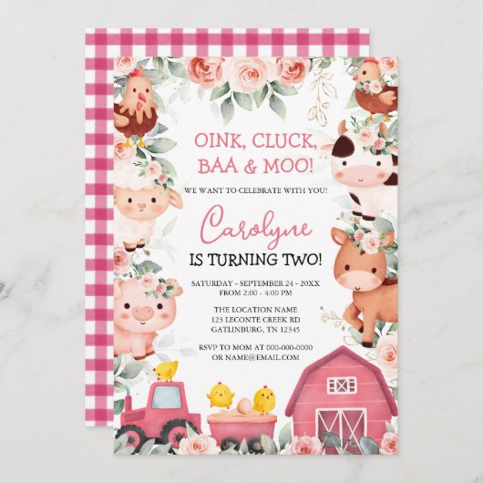ガールファームアニマルズピンク納屋周囲の庭誕生日招待 招待状 (正面/裏面)