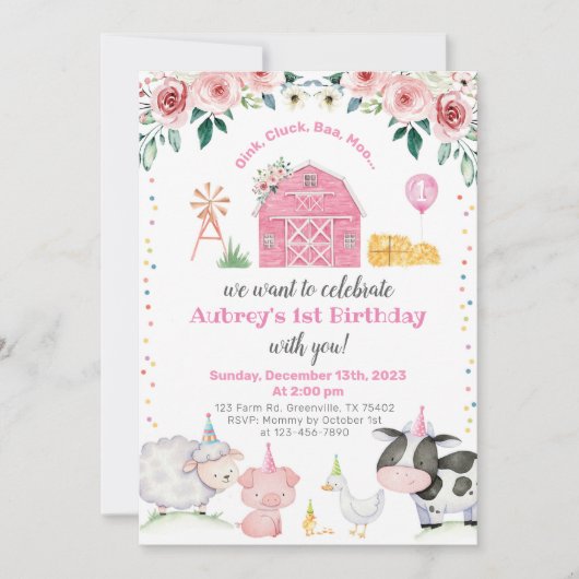 ガールファームアニマルズ納屋周囲の庭誕生日招待状 招待状 (正面)