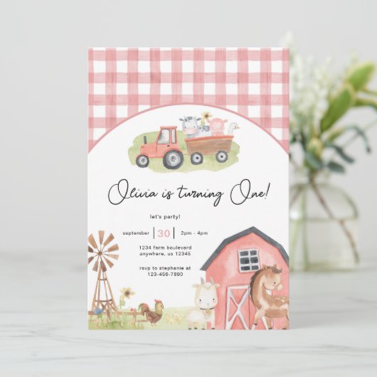 ガールファームアニマルズ納屋周囲の庭誕生日招待状 招待状 (スタンド正面)