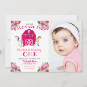 ガールファームピンク納屋周囲の庭誕生日バッシュカウホース 招待状 (正面)