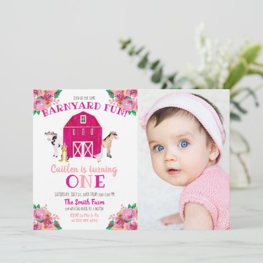 ガールファームピンク納屋周囲の庭誕生日バッシュカウホース 招待状 (スタンド正面)