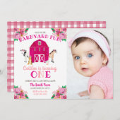 ガールファームピンク納屋周囲の庭誕生日バッシュカウホース 招待状 (正面/裏面)
