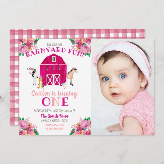ガールファームピンク納屋周囲の庭誕生日バッシュカウホース 招待状 (正面/裏面)