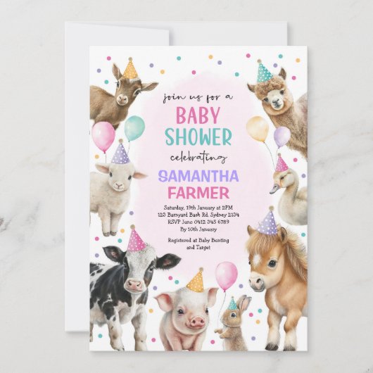 ガールファーム動物バルーン納屋周囲の庭ベビーシャワー 招待状 (正面)