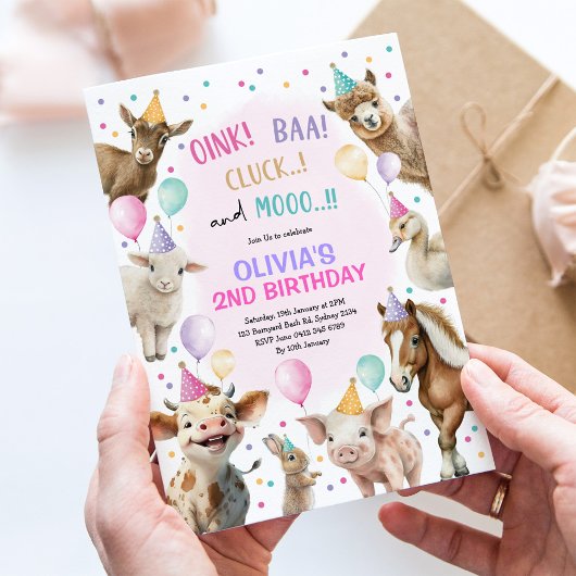 ガールファーム動物納屋周囲の庭バルーンバースデーパーティー 招待状