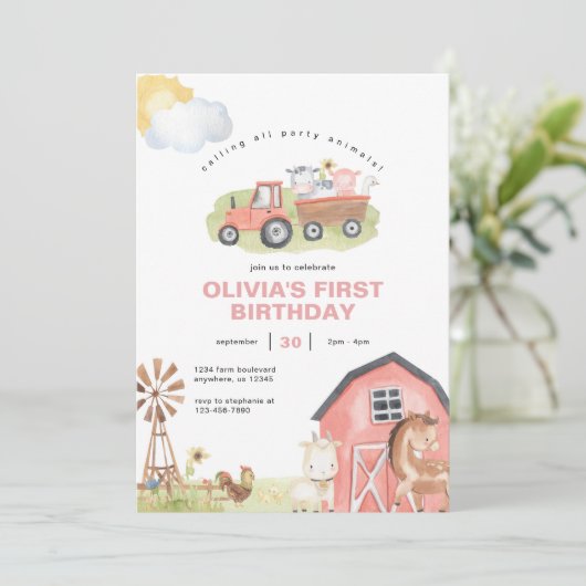 ガールファーム動物納屋周囲の庭誕生日パーティー 招待状 (スタンド正面)