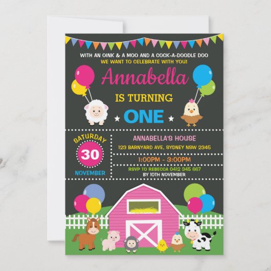 ガールファーム納屋周囲の庭アニマルズピンクバースデーパーティー 招待状 (正面)