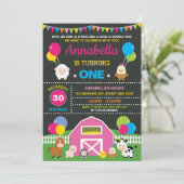 ガールファーム納屋周囲の庭アニマルズピンクバースデーパーティー 招待状 (スタンド正面)