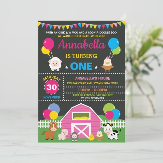 ガールファーム納屋周囲の庭アニマルズピンクバースデーパーティー 招待状 (スタンド正面)