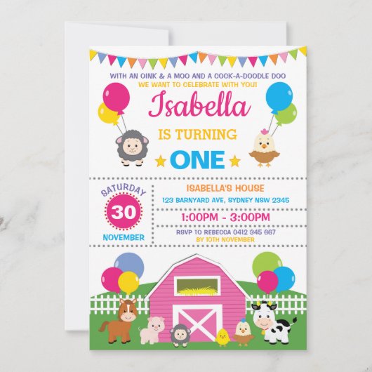 ガールファーム納屋周囲の庭誕生日パーティーピンクペッティング動物園 招待状 (正面)