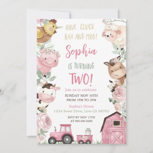 ガールファーム誕生日フローラファーム動物招待状ピンク 招待状 (正面)