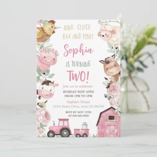 ガールファーム誕生日フローラファーム動物招待状ピンク 招待状 (スタンド正面)