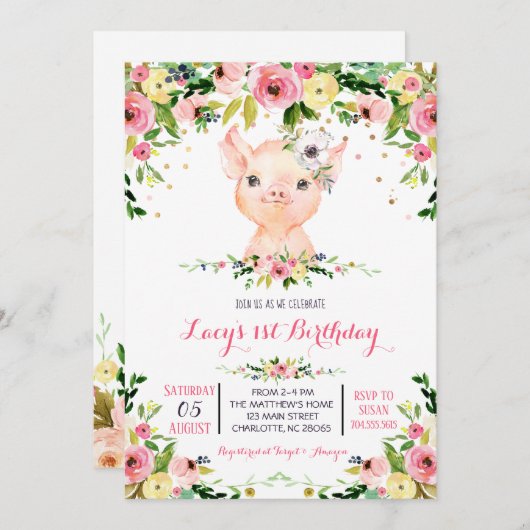 ガールファーム豚の誕生日の招待 招待状 (正面/裏面)