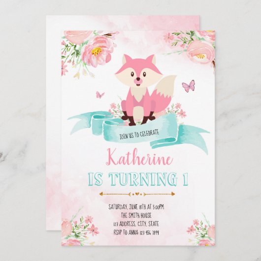 ガールフォックス誕生日の招待 招待状 (正面/裏面)