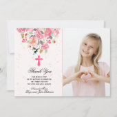 ガールフォトウォーターカラーピンクの花バプテスマ サンキューカード (正面)