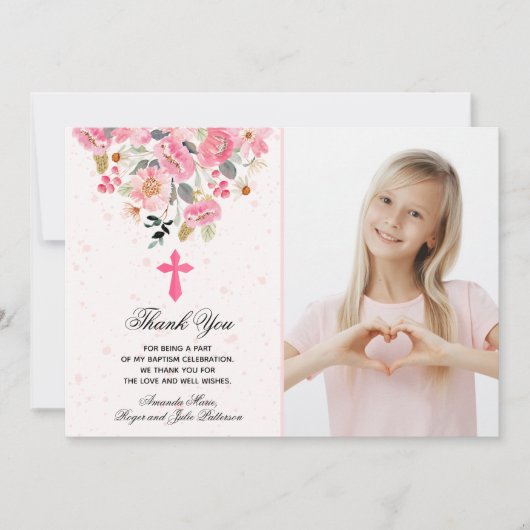 ガールフォトウォーターカラーピンクの花バプテスマ サンキューカード (正面)