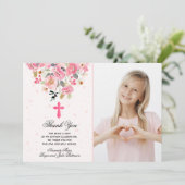ガールフォトウォーターカラーピンクの花バプテスマ サンキューカード (スタンド正面)