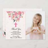 ガールフォトウォーターカラーピンクの花バプテスマ サンキューカード (正面/裏面)