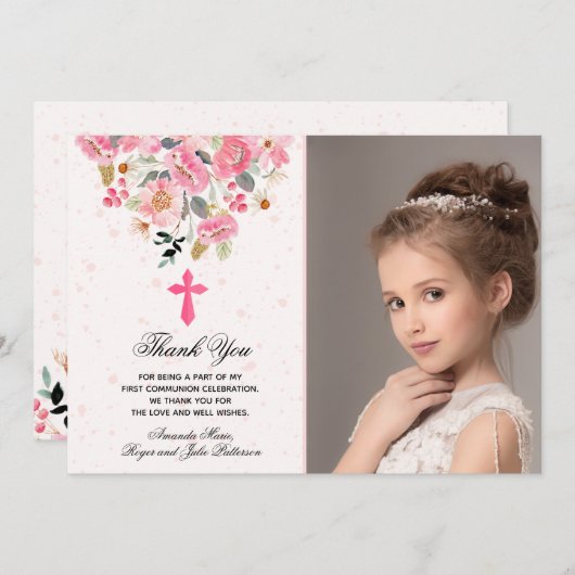 ガールフォトウォーターカラーピンクフローラファーストコミュニティ サンキューカード (正面/裏面)