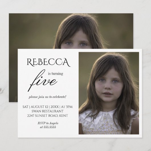 ガールフォトシンプルーのエレガントな誕生日パーティー 招待状 (正面/裏面)