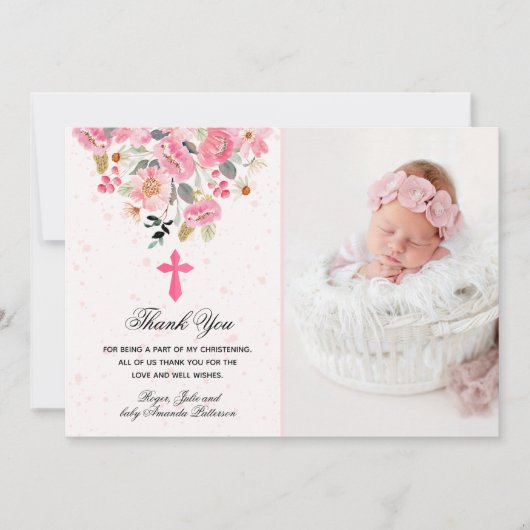 ガールフォト《キリスト教》洗礼式や命名式水彩ピンクフローラ サンキューカード (正面)
