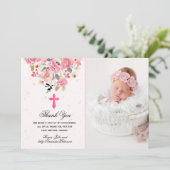 ガールフォト《キリスト教》洗礼式や命名式水彩ピンクフローラ サンキューカード (スタンド正面)