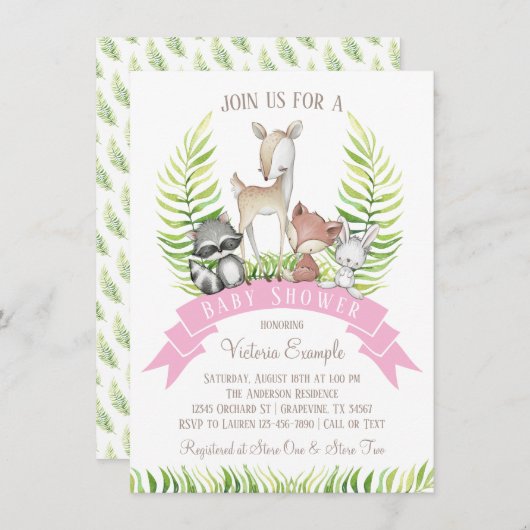 ガールフォレストウッドランドグリーンリーベビーシャワー 招待状 (正面/裏面)