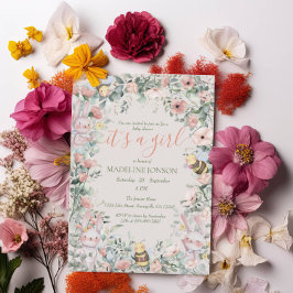 ガールフォレスト動物ピンクフローラQRcode赤ちゃんシャワー 招待状