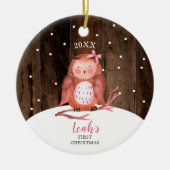 ガールフクロウかわいいウッドランドパーソナライズされたベビークリスマス セラミックオーナメント (正面)