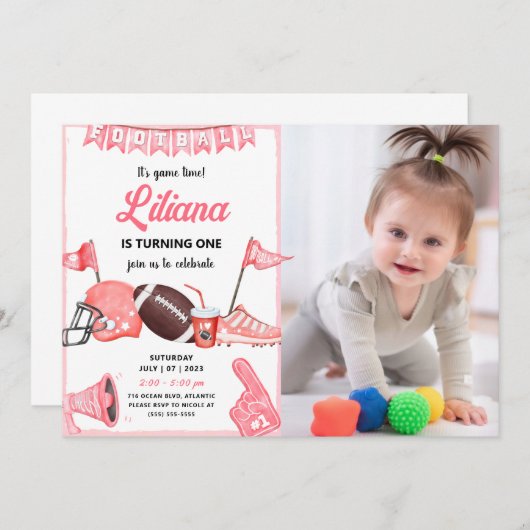 ガールフットボール第1誕生日招待状と写真 招待状 (正面/裏面)