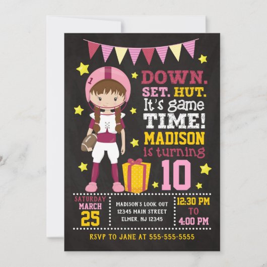 ガールフットボール誕生日招待状 招待状 (正面)
