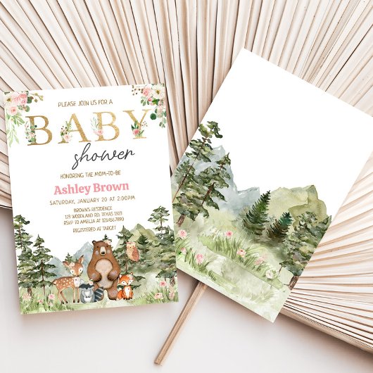 ガールフローラウッドランドアニマルズベビー 招待状