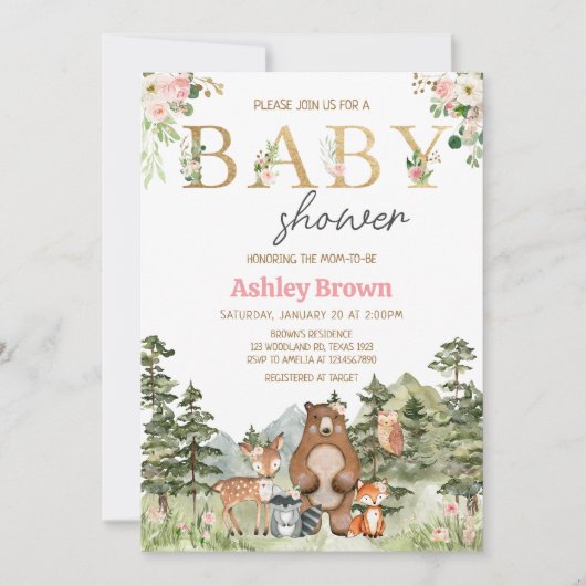 ガールフローラウッドランドアニマルズベビー 招待状 (正面)