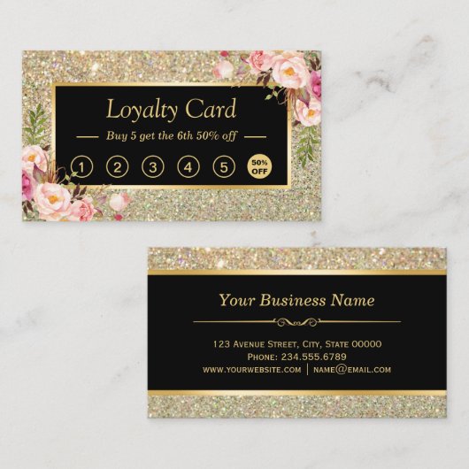 ガールフローラ金ゴールドきらめくグリッターロイヤリティカード ロイヤリティカード (正面/裏面)