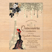 ガールブラックバラエッフェルタワー金ゴールドドリップスレッド アクリル招待状 (正面)