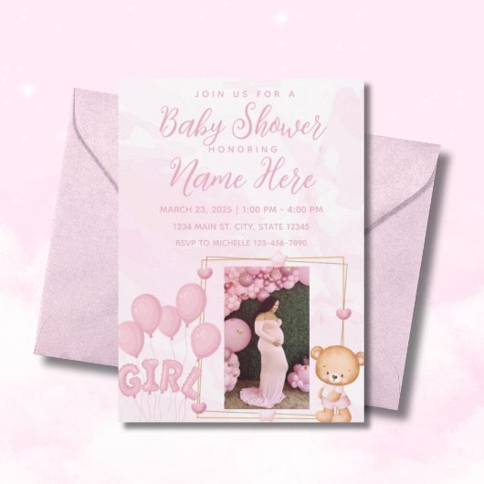 ガールブルー金ゴールド写真カスタム赤ちゃんシャワー 招待状