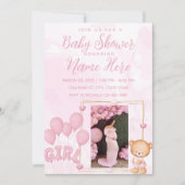 ガールブルー金ゴールド写真カスタム赤ちゃんシャワー 招待状 (正面)