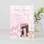ガールブルー金ゴールド写真カスタム赤ちゃんシャワー 招待状 (スタンド正面)