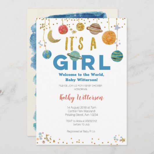 ガールプラデツアウタースペースベビーシャワー招待状 招待状 (正面/裏面)