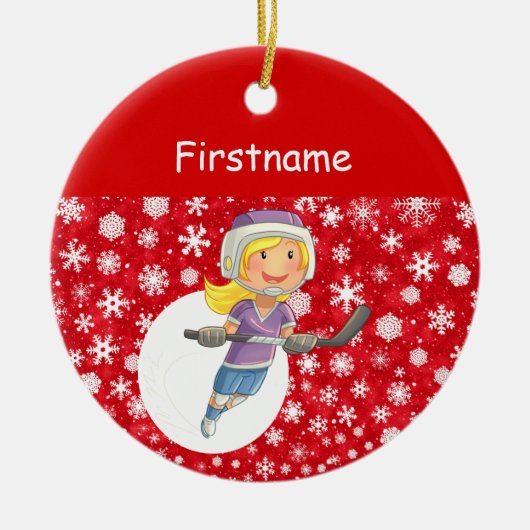ガールプレーヤーホッケーオーナメント – 赤白雪 セラミックオーナメント (正面)