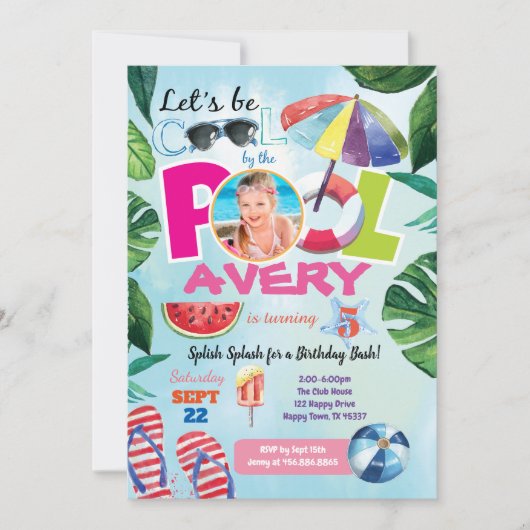 ガールプールパーティーの誕生日写真 招待状 (正面)