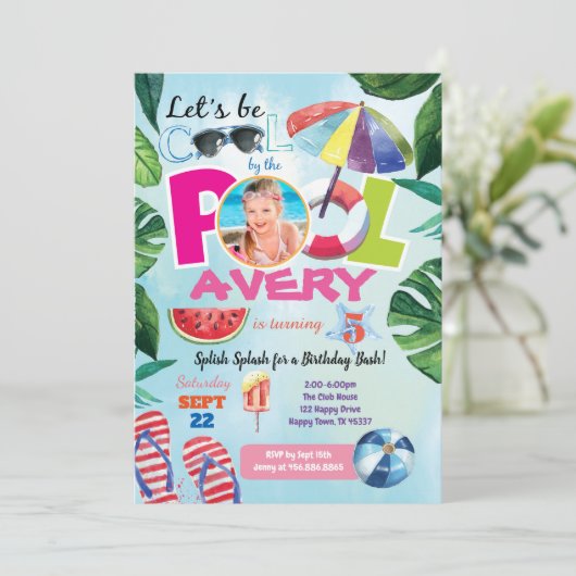 ガールプールパーティーの誕生日写真 招待状 (スタンド正面)