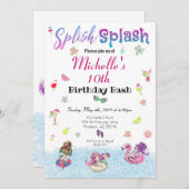 ガールプールパーティーグリッタートロピカルサマー誕生日 招待状 (正面/裏面)