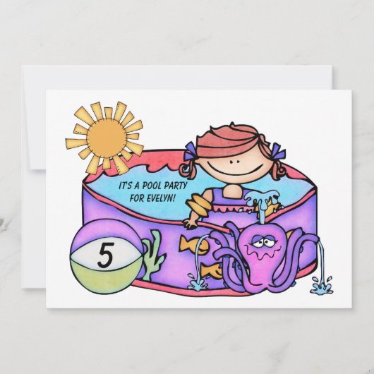 ガールプールパーティービーチスイミング誕生日招待状 招待状 (正面)