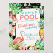 ガールプールパーティー誕生日トロピカルフラミンゴ 招待状 (正面/裏面)