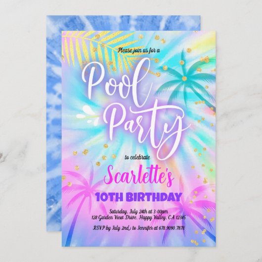ガールプールパーティー誕生日パステル絞り染め 招待状 (正面/裏面)