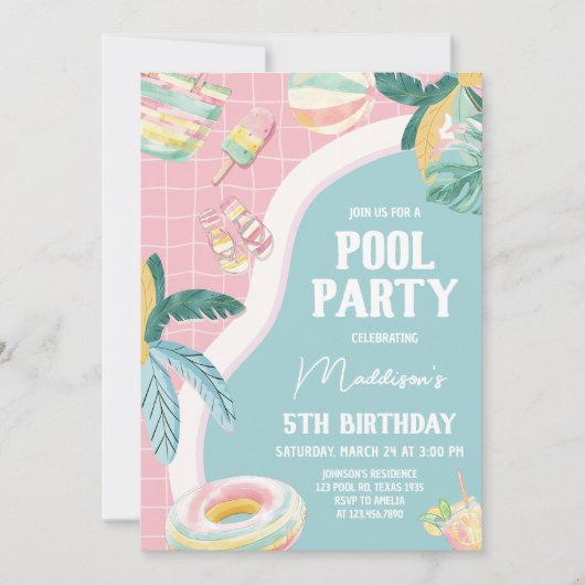 ガールプールパーティー誕生日パーティー 招待状 (正面)