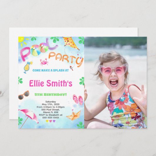ガールプール誕生日フォト招待状 招待状 (正面/裏面)