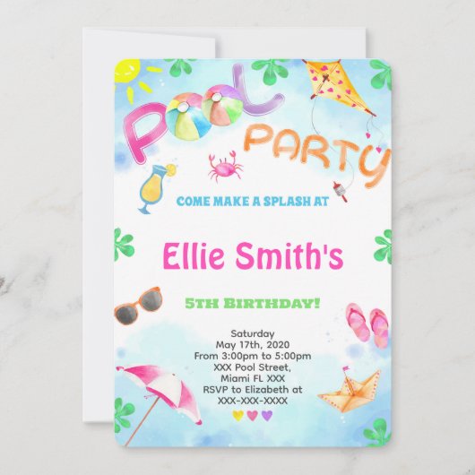 ガールプール誕生日招待状 招待状 (正面)